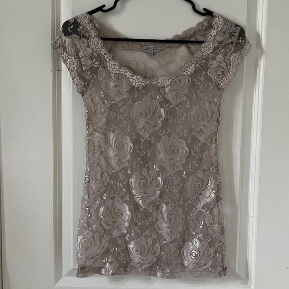 Y2K Vintage Charlotte Russe Floral Lace Sheer Lavender Purple Short Sleeves Top - Picture 3 of 6